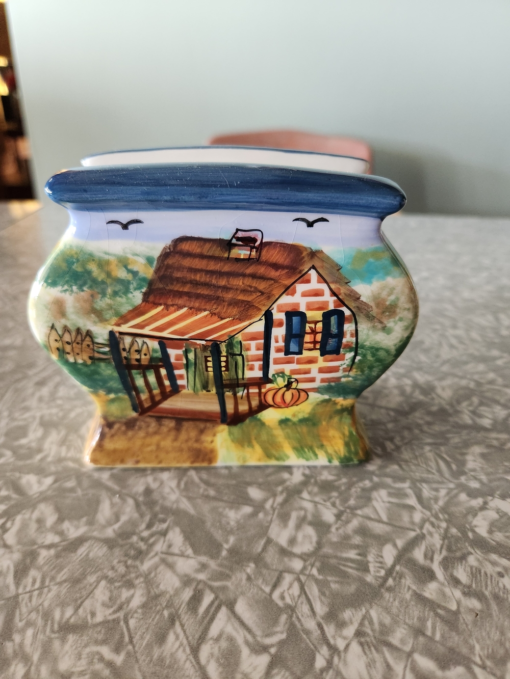 Hand-Painted Cottage Ceramic Napkin Holder - Blue Accent
